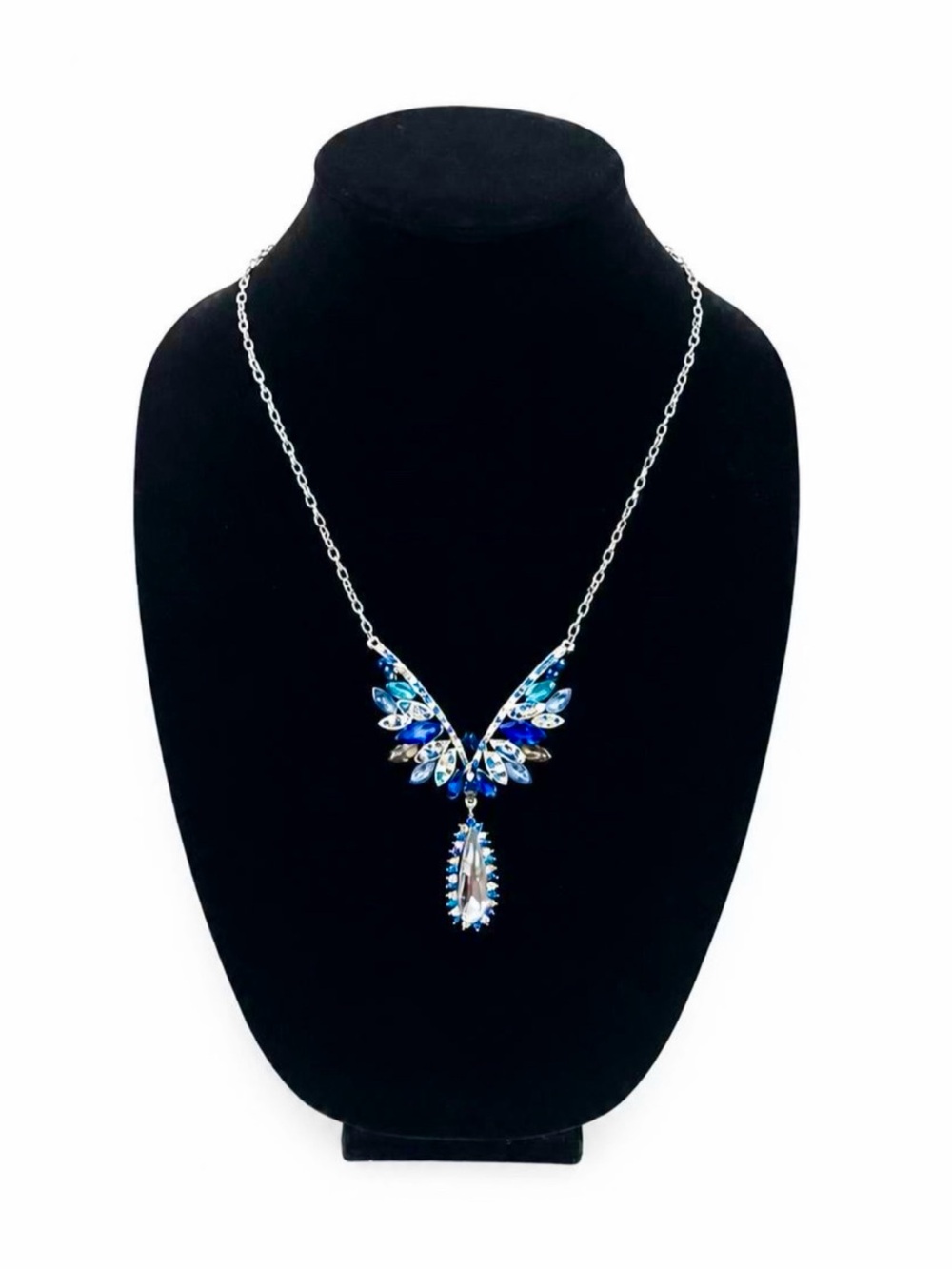 Silver-Toned Austrian Crystal Butterfly-Shaped Necklace with Teardrop Pendant